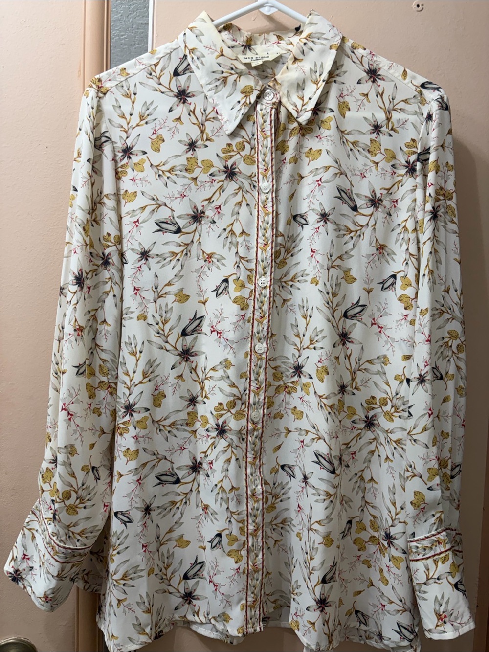 Max Studio Cream Floral Button-Down Shirt with Yellow and Green Accents